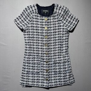Chanel‎ Tweed Short Sleeve Mini Dress Gold Owl Button Size 36 Navy Blue White